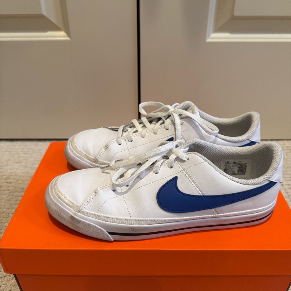 Nike White Low-Top Sneakers with Blue Swoosh